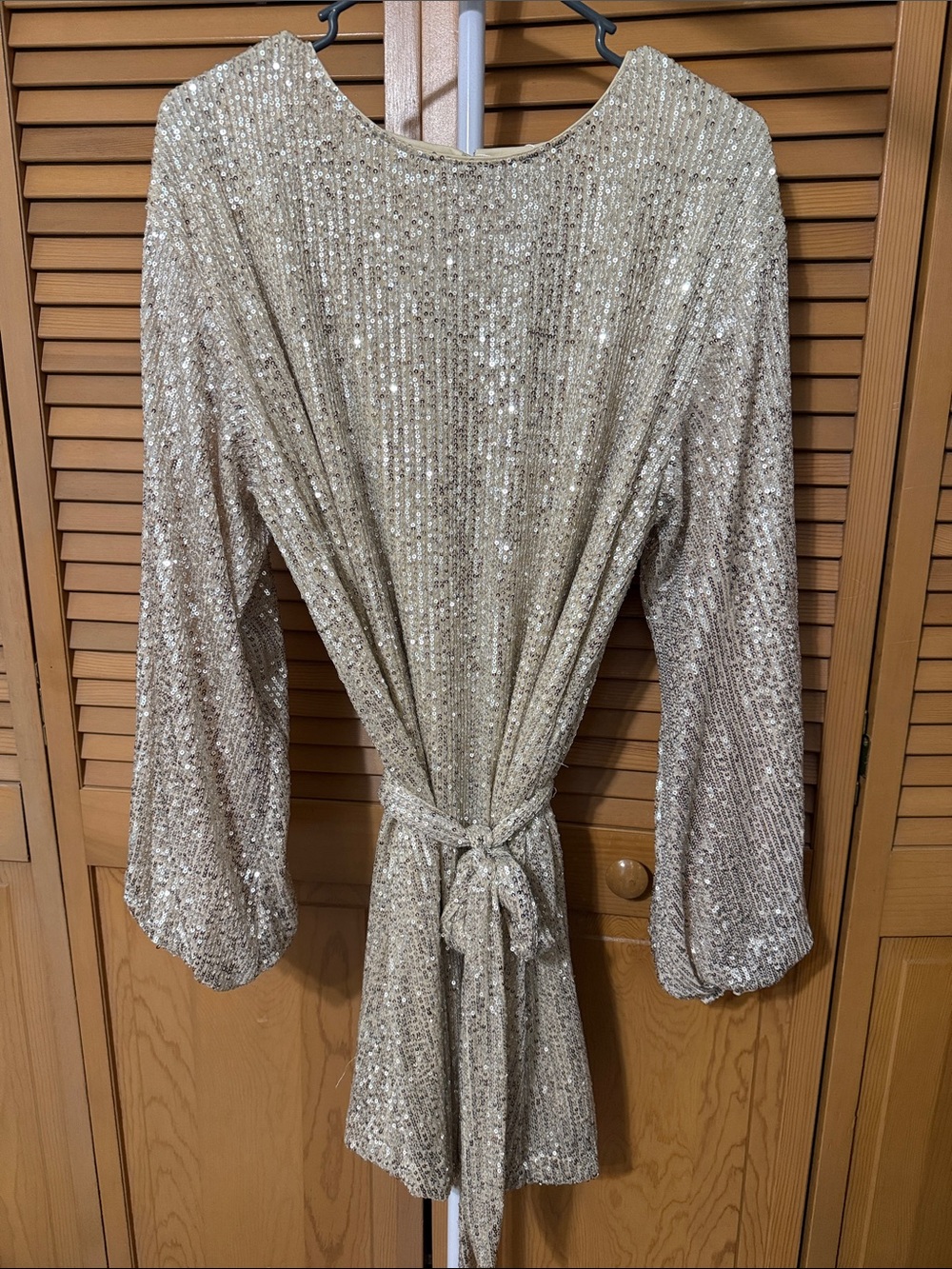 Women's Gold Sequin Long Sleeve Tie-Waist Dress